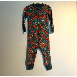 Hanna Andersson Footless Pajamas – Green with Red Flowers – Toddler Girl Size 2T